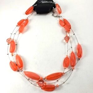 Silver tone Layered illusion Salmon color Beaded Necklace with matching Earrings